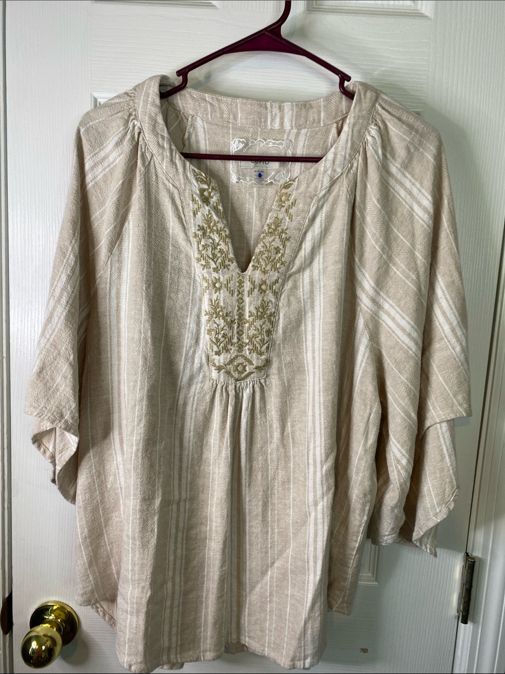 Cupio Beige Striped Embroidered Peasant Tunic Size XLarge.